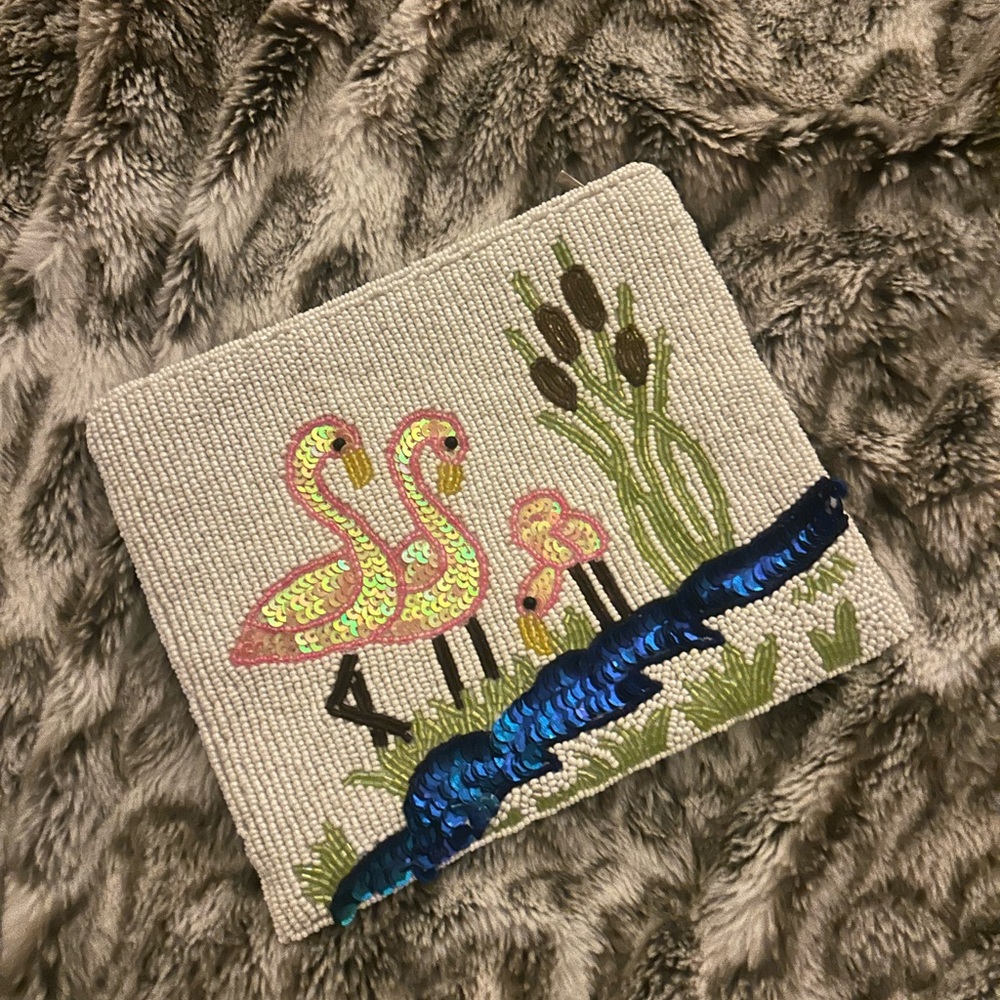 Beaded flamingo clutch